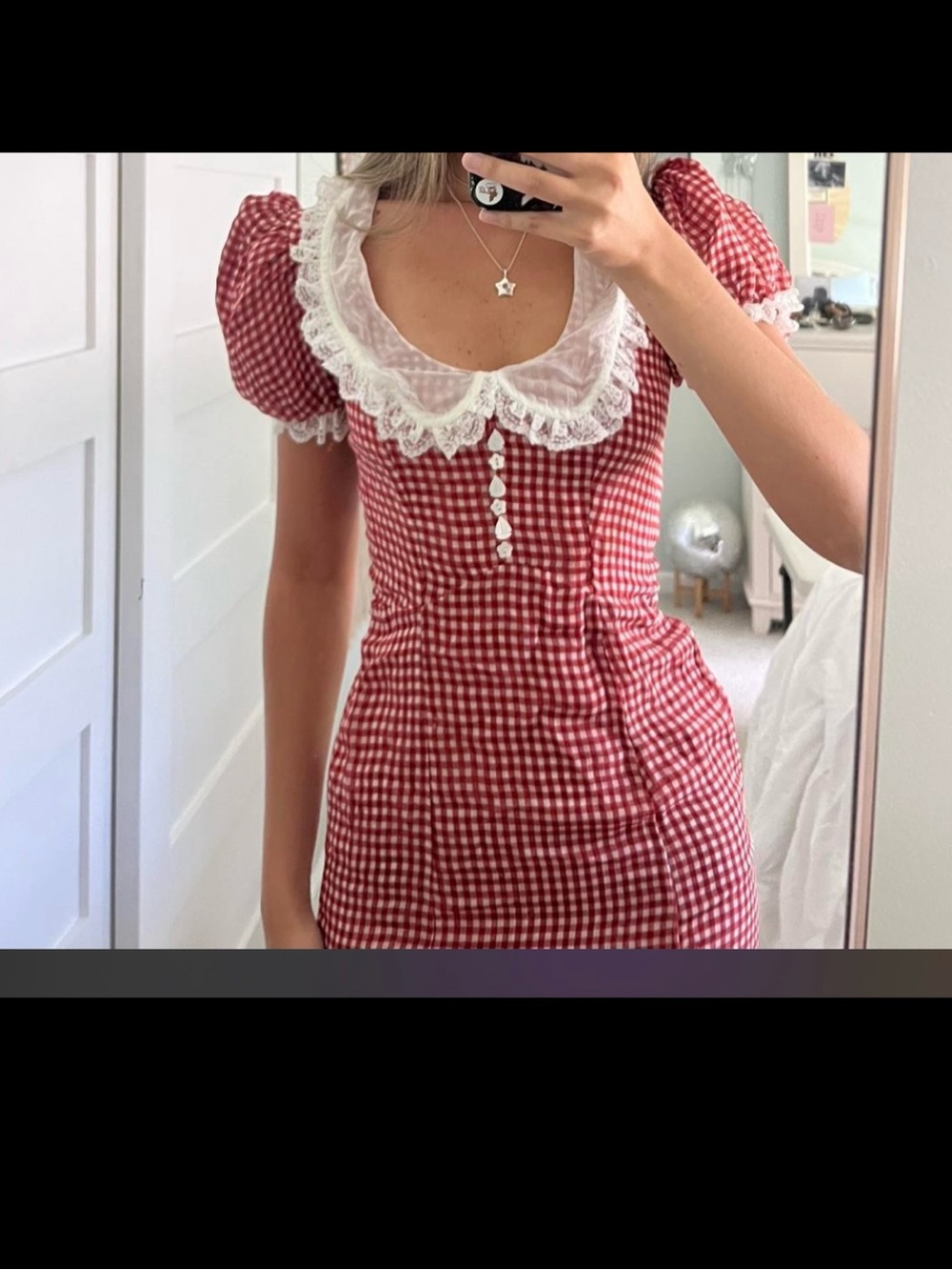 For Love & Lemons Red Gingham Puff-Sleeve Dress with Lace Trim